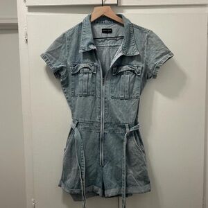 White Fox Boutique Light Wash Denim Short-Sleeve Romper